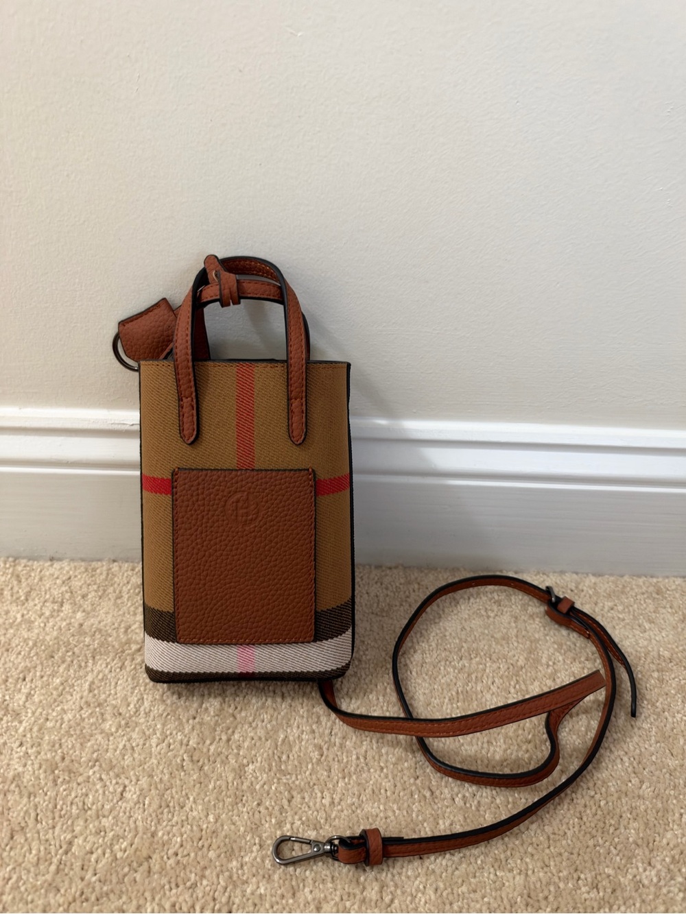Tan and Brown Crossbody Phone Bag with Red Accent
